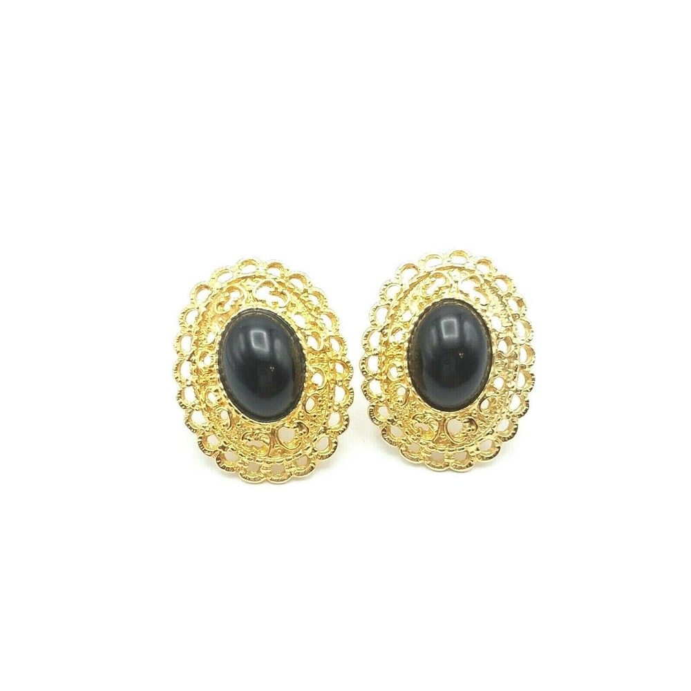 Vintage Park Lane Signed Gold Tone Black Cabochon Clip Earrings Large